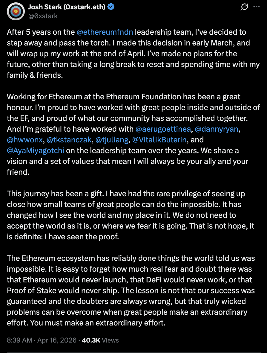 以太坊核心人物离职引发组织震荡