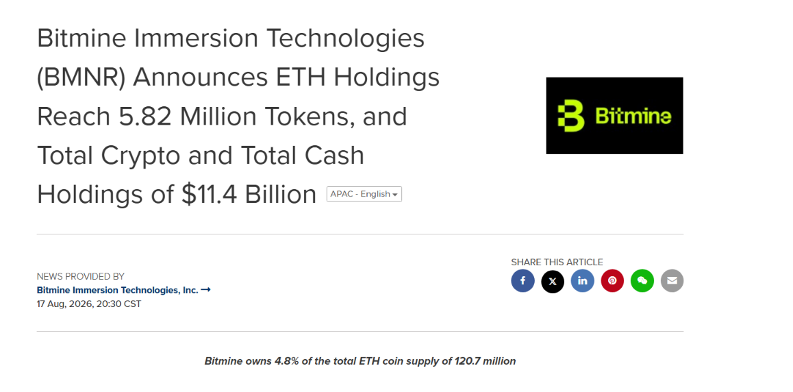 Bitmine持续增持以太坊，5%目标逼近