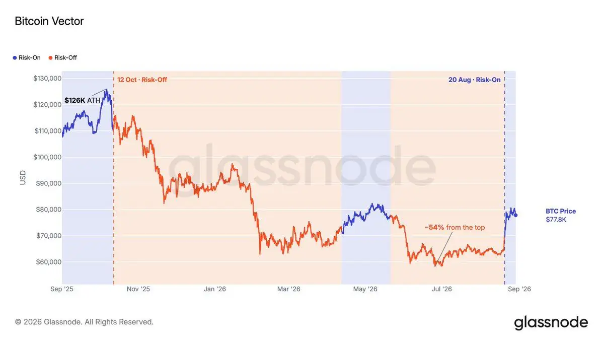 Glassnode Bitcoin Vector chart illustrating macro risk regimes and price action