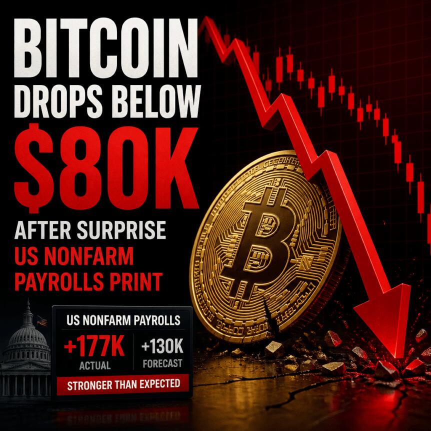 比特币跌破8万美元，因美国非农就业数据意外公布