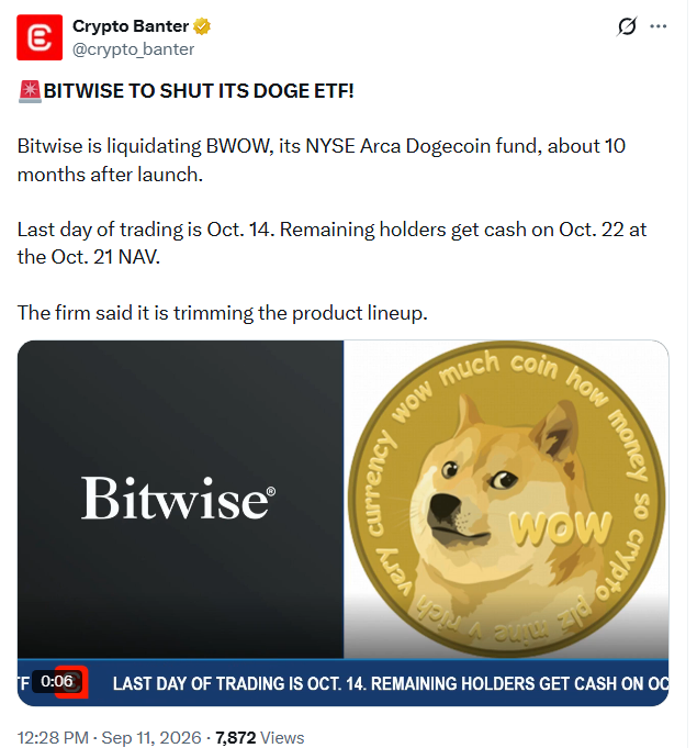 比特wise要求关闭狗狗币ETF，DOGE面临不确定性；原因如下