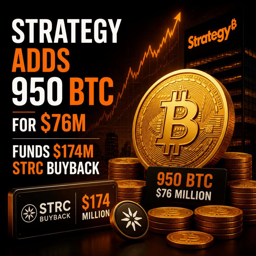 策略增持950枚比特币，耗资7600万美元，并拨款1.74亿美元用于回购STRC