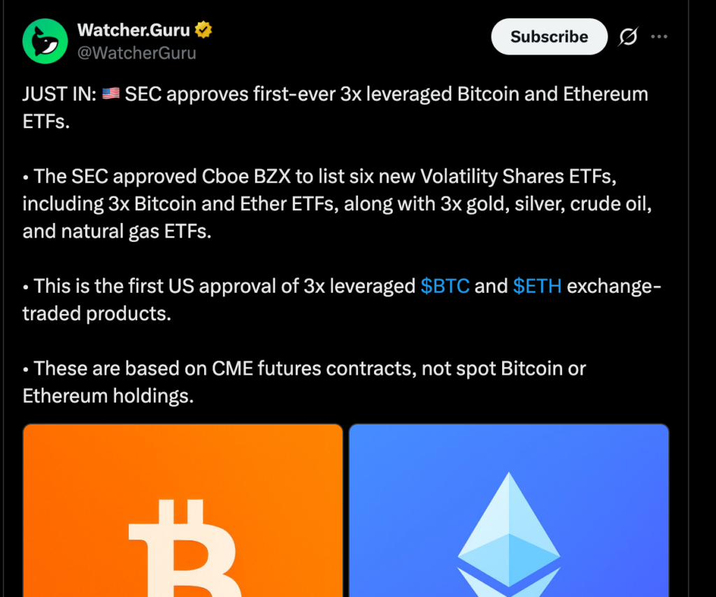 美国证券交易委员会批准3倍比特币和以太坊ETF进行交易